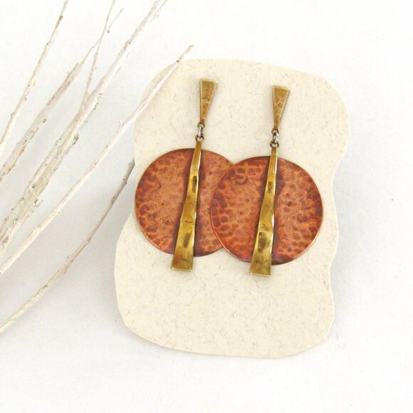 Vintage Hammered Copper and Brass Mixed Metal Pierced Post Earrings - Picture 6 of 6